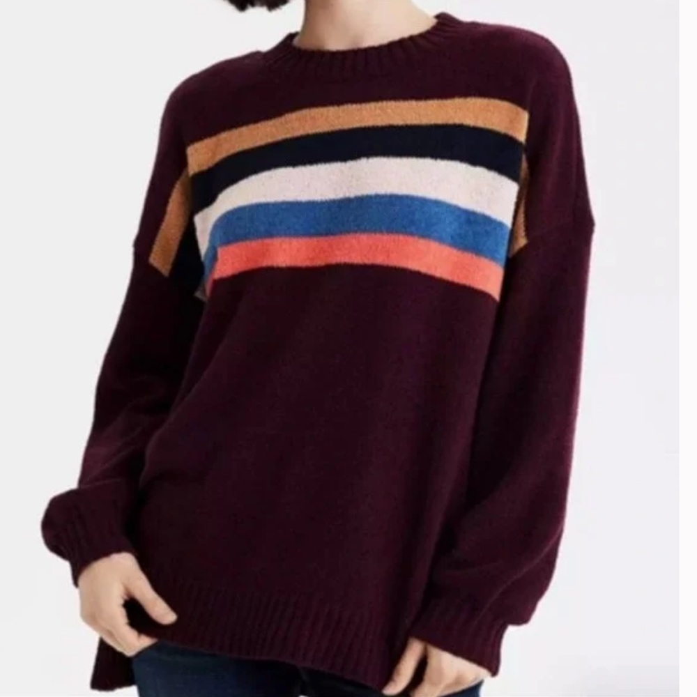 American Eagle Maroon Striped Chenille Oversized Crewneck Sweater